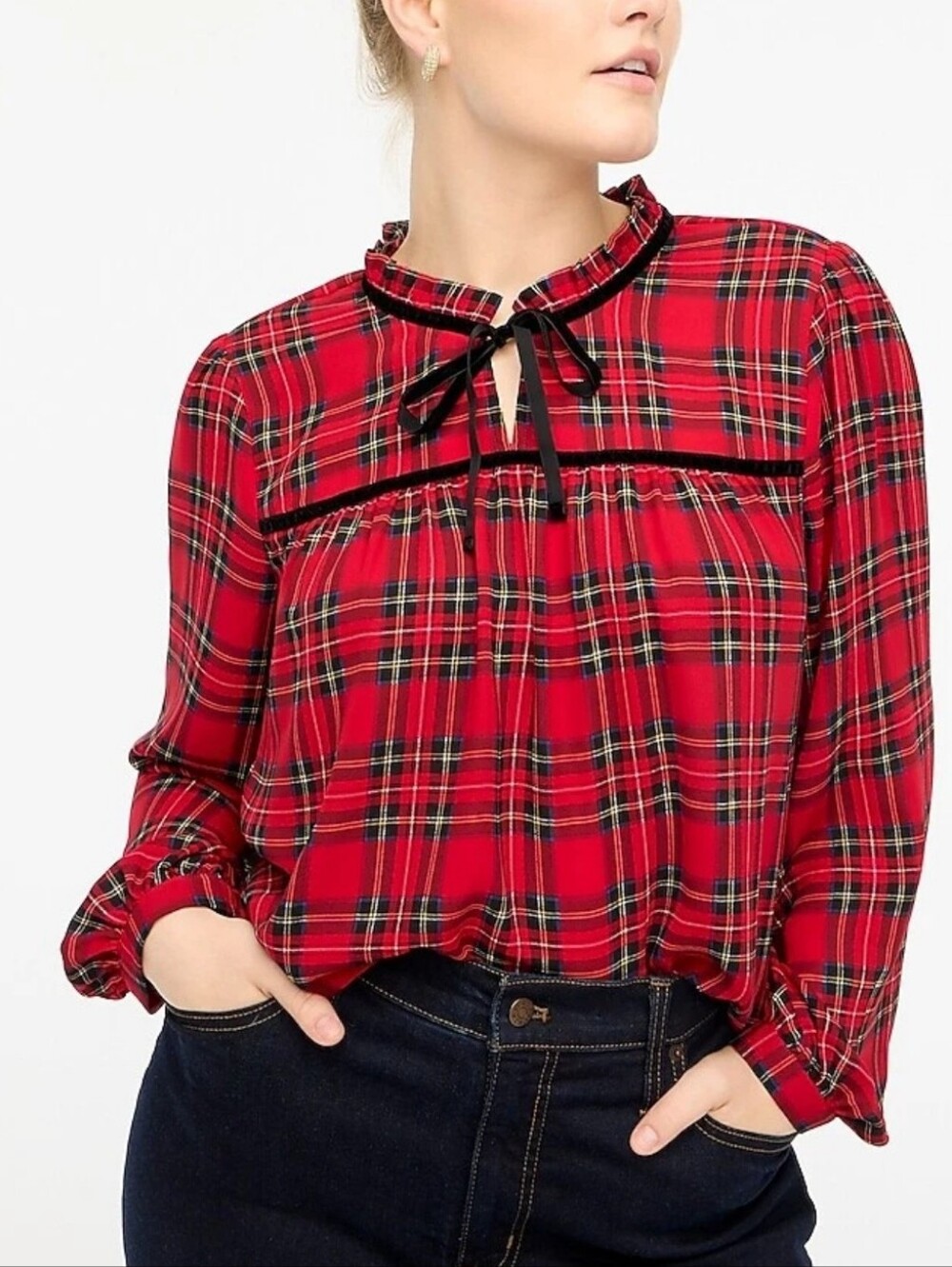J. Crew Festive Tartan Plaid Velvet Tie-Neck Long Sleeve Blouse Size Large